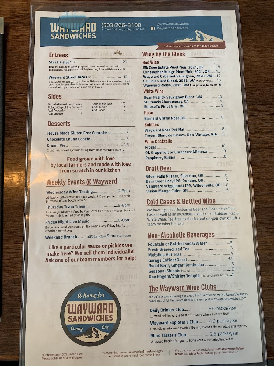 Wayward Sandwiches gluten-free menu