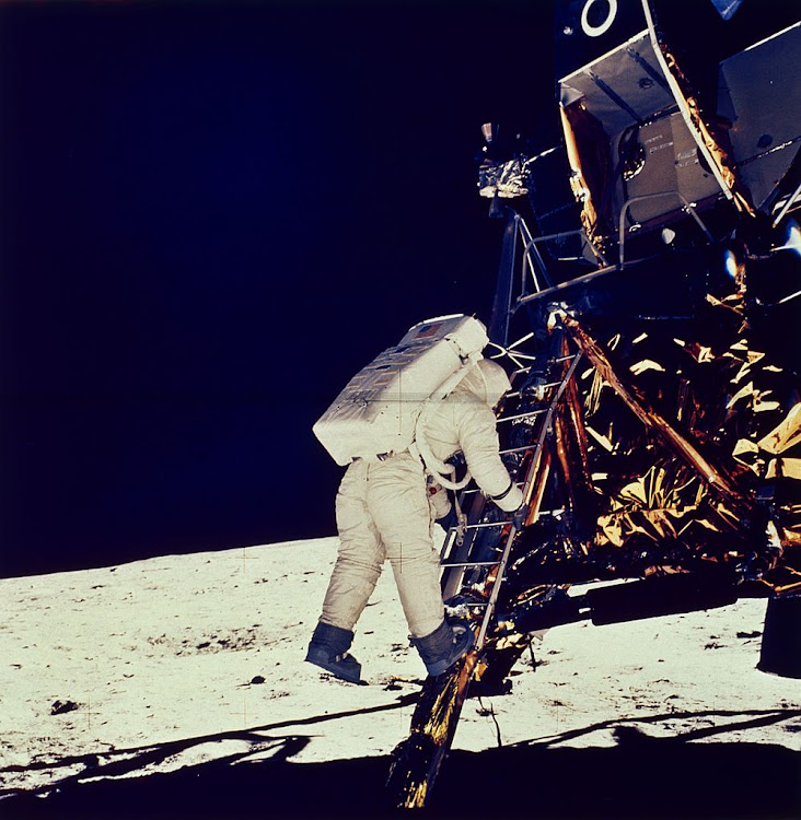 Buzz Aldrin steps onto the moon from the Apollo 11 lunar module on July 20 1969. The shadows in these sorts of photos are a hot topic among conspiracy theorists.