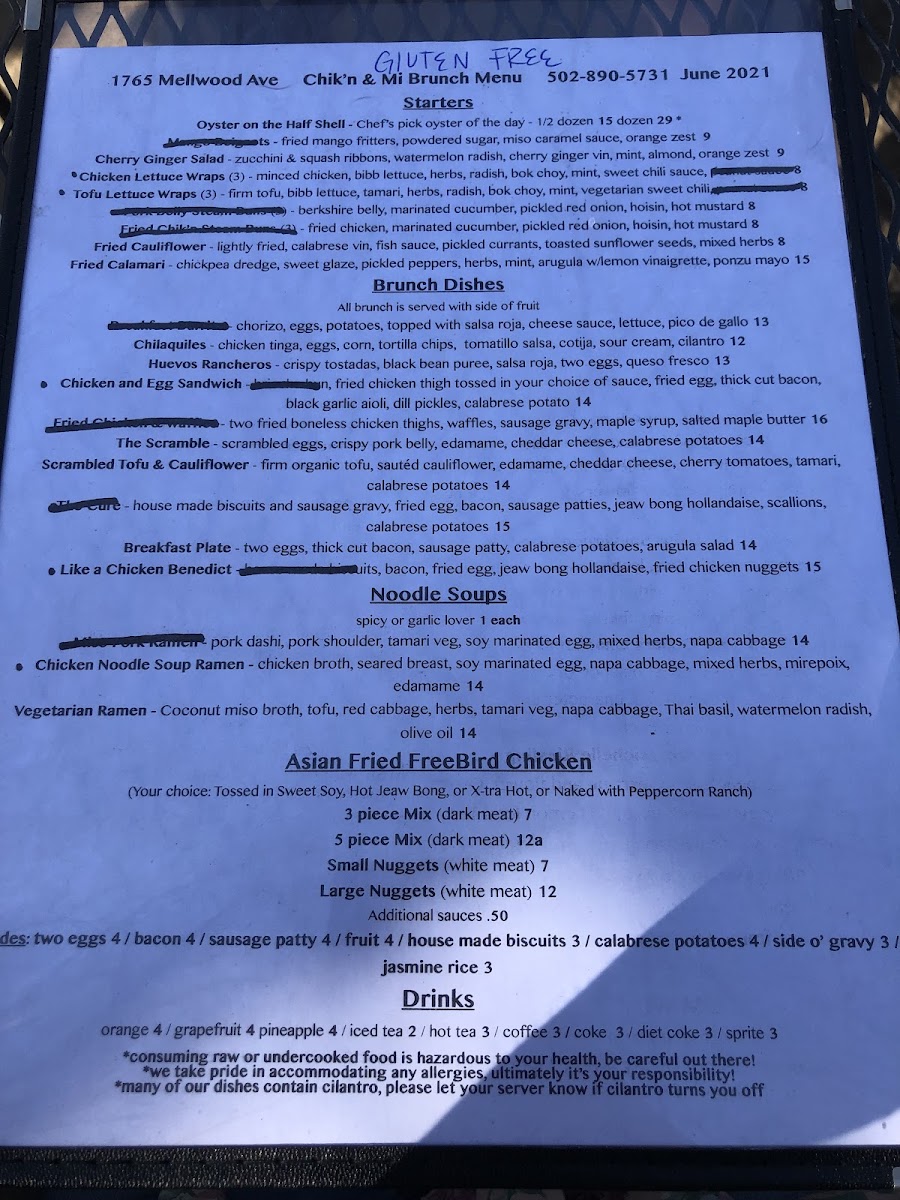 Chik'n & Mi gluten-free menu