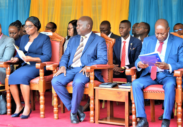Kitui Health CEC Ruth Koki, Deputy Governor Augustine Kanani and Governor Julius Malombe during the flagging off a drugs consignment to health facilities in Kitui County on Monday, March 20, 2023
