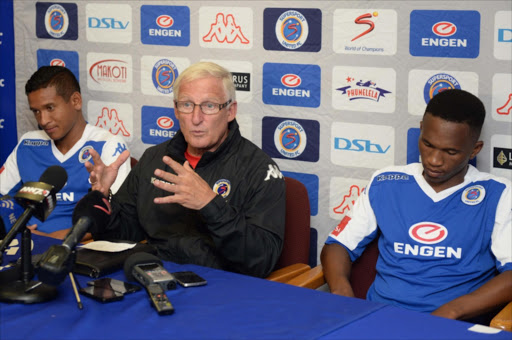Gordon Igesund flanked by Daine Klate and Luvo Mpeta during the SuperSport United press conference at Lucas Moripe Stadium. Picture Credit: Gallo Images