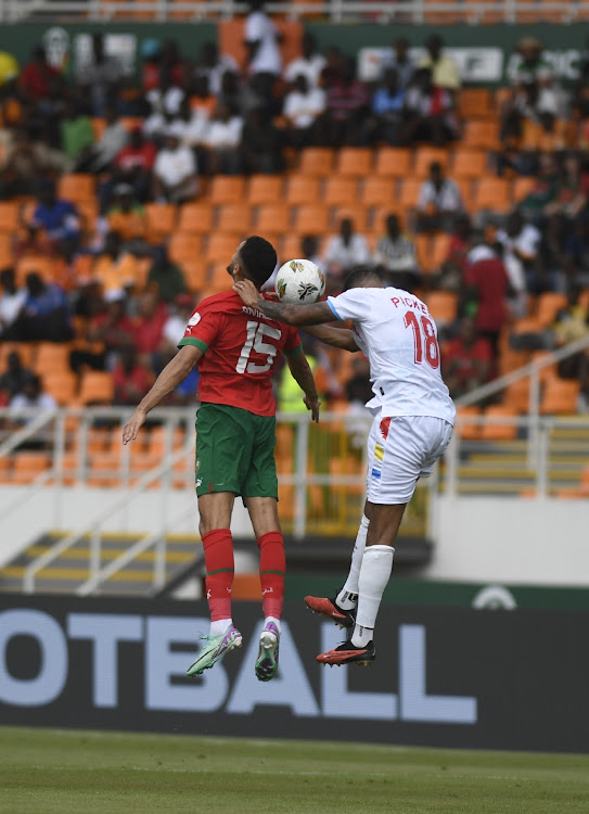 Selim Amallah of Morocco in action against Charles Pickel of DR Congo during the Africa Cup of Nations match at Laurent Pokou Stadium in San Pedro, Ivory Coast on Sunday