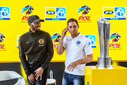 Dean Furman of SuperSport United and Ramahlwe Mphahlele of Kaizer Chiefs during the 2018 MTN8 Launch at Johannesburg Park Station on July 30, 2018 in Johannesburg, South Africa.