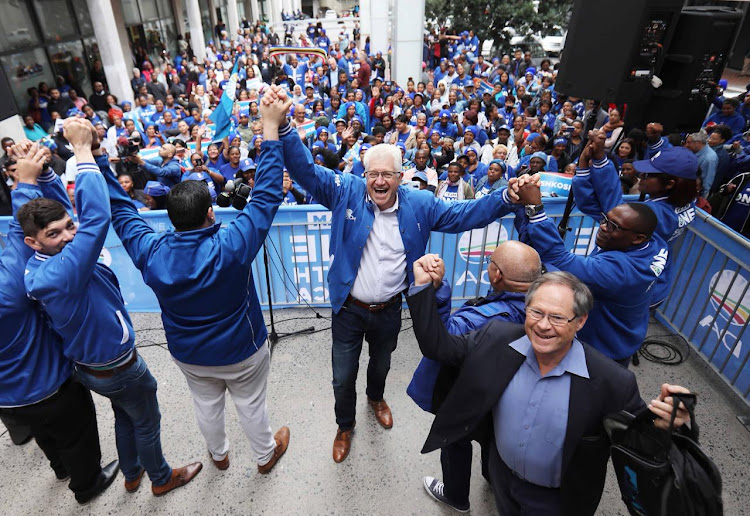 Alan Winde, the Western Cape premier-elect, celebrates the DA's victory in the Western Cape outside the provincial legislature on Thursday May 16 2019.