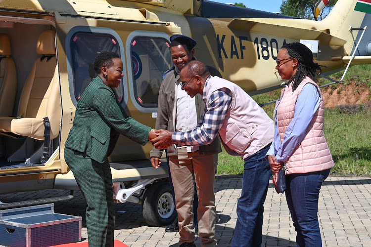 First Lady Rachel Ruto arrives at the Mawingu Mountain Bongo Sanctuary to witness the release of 10 adult mountain bongos into the conservancy on May 7, 2024.