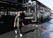 The remains of the Golden Arrow bus that caught fire in Cape Town on April 25 2019.