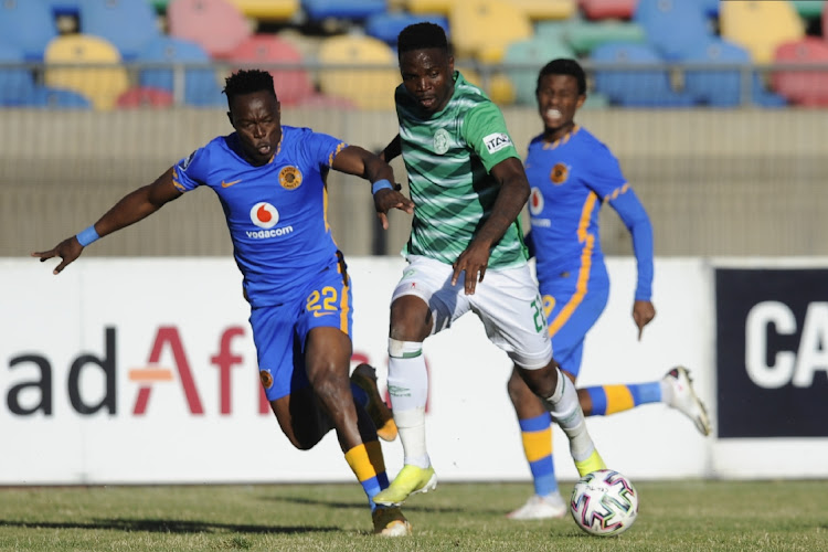 Rikhotso Tshepo of Bloemfontein Celtic and Philani Zulu of Kaizer Chiefs during the DStv Premiership match between Bloemfontein Celtic and Kaizer Chiefs at Dr. Petrus Molemela Stadium on May 01, 2021 in Bloemfontein,