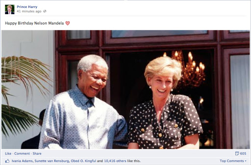 A photo of former president Nelson Mandela and the late Princess Diana at Tuinhuis, Cape Town in March 1997, months before her death in a car crash. Prince Harry posted this photo to his Facebook page to wish the ailing Mandela a happy 95th birthday.