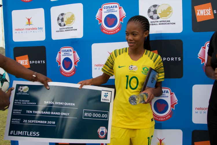 Linda Motlhalo of South Africa receives her player of the match award after the Cosafa Women's Championship match between Banyana Banyana and Malawi at Wolfson Stadium on September 17, 2018 in Port Elizabeth.