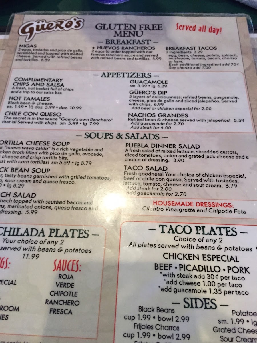 Guero's Taco Bar gluten-free menu