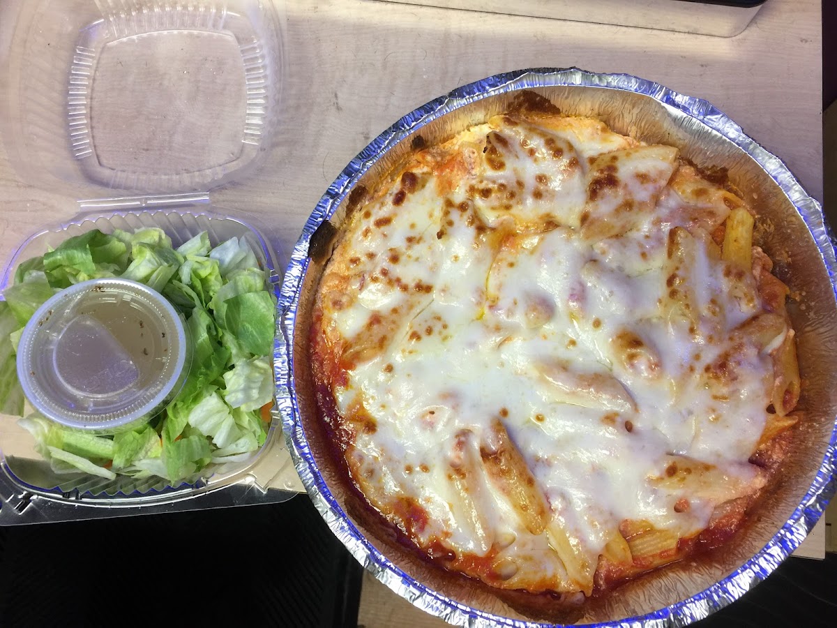 I went to Nino’s today and ordered a gluten-free penne prepared like baked ziti ; Two surprises , I didn’t expect to get a salad and I definitely didn’t realize how big it was. I only made it Halfway.