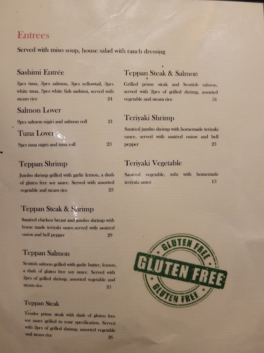 Osaka Japanese Steakhouse gluten-free menu