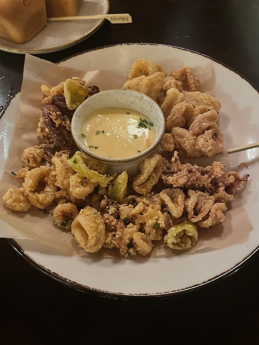 Gluten free calamari with a lemon sauce (made in a dedicated fryer).