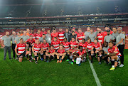 The Emirates Lions team pose for a picture with the technical team during Super Rugby match against the DHL Stomers at the Ellis Park Stadium, Johannesburg on 07 April 2018. 
