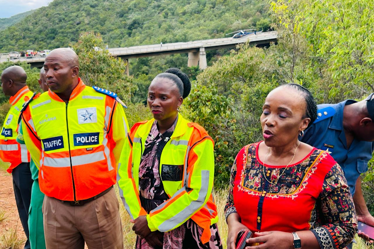 Chief provincial inspector Simon Kekana, transport & community safety MEC Florence Radzilani and transport minister Sindisiwe Chikung with with SAPS forensic officers on the bridge above the crash site.
