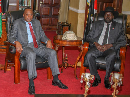 President Uhuru Kenyatta with South Sudan’s President Salva Kiir at the Presidential Palace in South Sudan’s capital of Juba, August 30, 2016. / REUTERS