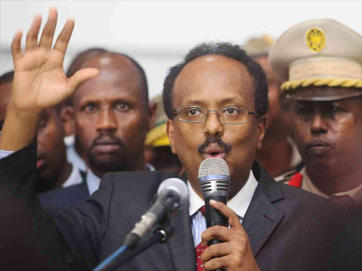 Somalia's newly-elected President Mohamed Abdullahi Farmajo addresses lawmakers after winning the vote at the airport in Somalia's capital Mogadishu, February 8, 2017. Reuters