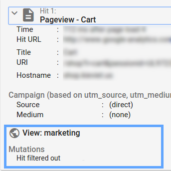 Tag Assistant Google Analytics report showing Hit 1 has been filtered from the view (mutations section)