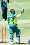 Temba Bavuma of the Proteas celebrates his 100 runs during the Momentum ODI match between South Africa and Ireland at Sahara Park Willowmoore on September 25, 2016 in Benoni, South Africa. (Photo by Lee Warren/Gallo Images)