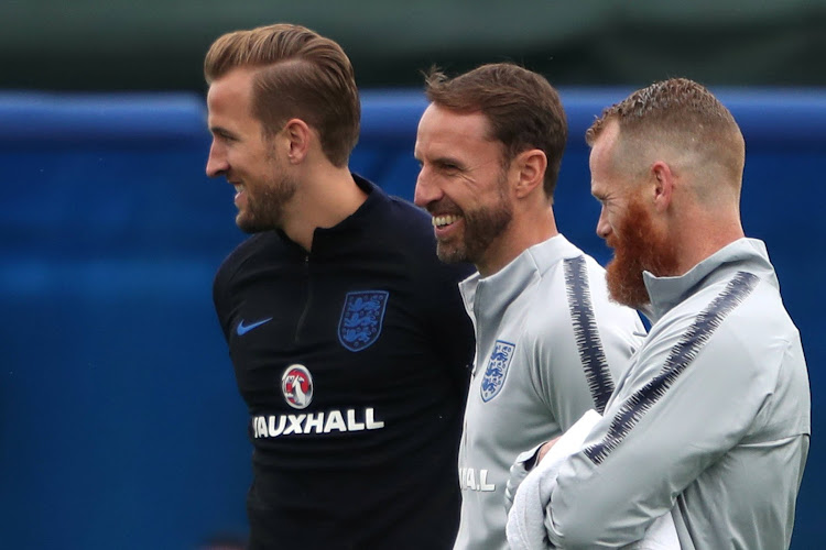 England's Harry Kane and England manager Gareth Southgate during training.