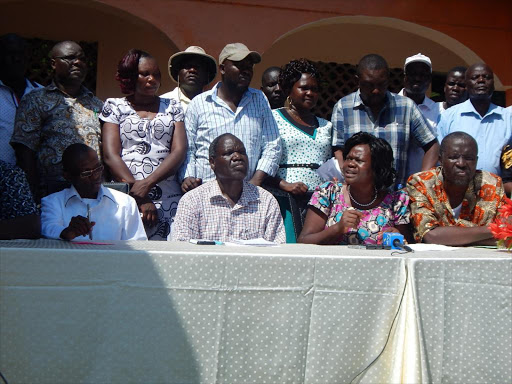 MPs Sylvance Osele (Kabondo Kasipul),Oyugi Magawanga (Kasipul), Gladys Wanga (Homa Bay women representaitive) and Tom Dola(Homa Bay county ODM party vice chair) at a press coference in Homa Bay town on Friday.Photo/Robert Omollo