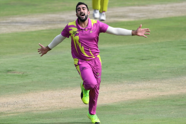 Tabraiz Shamsi of the Paarl Rocks celebrates the wicket of AB de Villiers of the Tshwane Spartans during the Mzansi Super League match between Tshwane Spartans and Paarl Rocks at SuperSport Park on December 05, 2018 in Pretoria, South Africa.