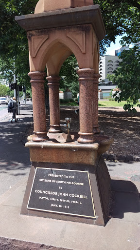 Plaque reads: 'Presented to the citizens of South Melbourne by Councillor John Cockbill Mayor, 1898-9, 1899-00, 1909-10. Jany. 20, 1910 Submitted by: @IanThorp