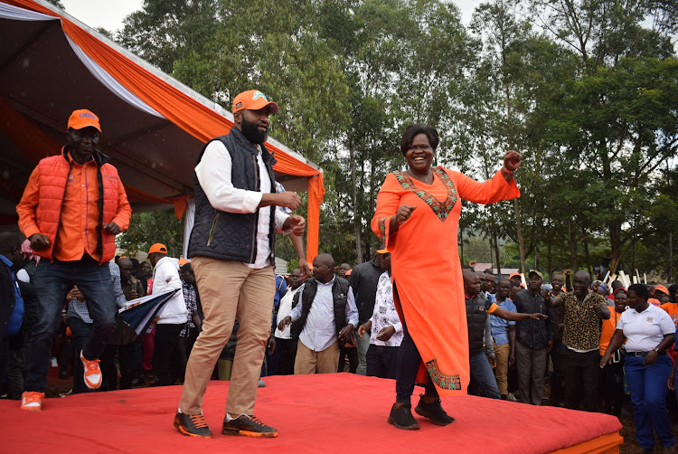 ODM deputy party leader Hassan Joho and Homa Bay Governor Gladys Wanga during a rally in Oyugis town on May3,2024