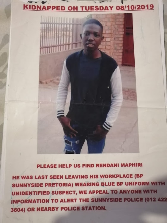 Rendani Maphiri was last seen on October 8 2019, leaving work at a garage in Sunnyside Pretoria, wearing his blue petrol attendant uniform. His body was found by a pastor in Eesterust.