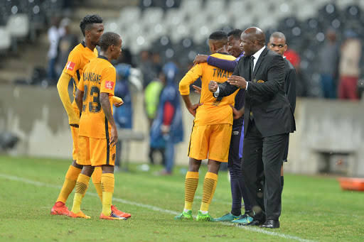 Steve Komphela speaks to the players during the Absa Premiership match between SuperSport United and Kaizer Chiefs at Mbombela Stadium on April 29, 2017 in Nelspruit, South Africa.