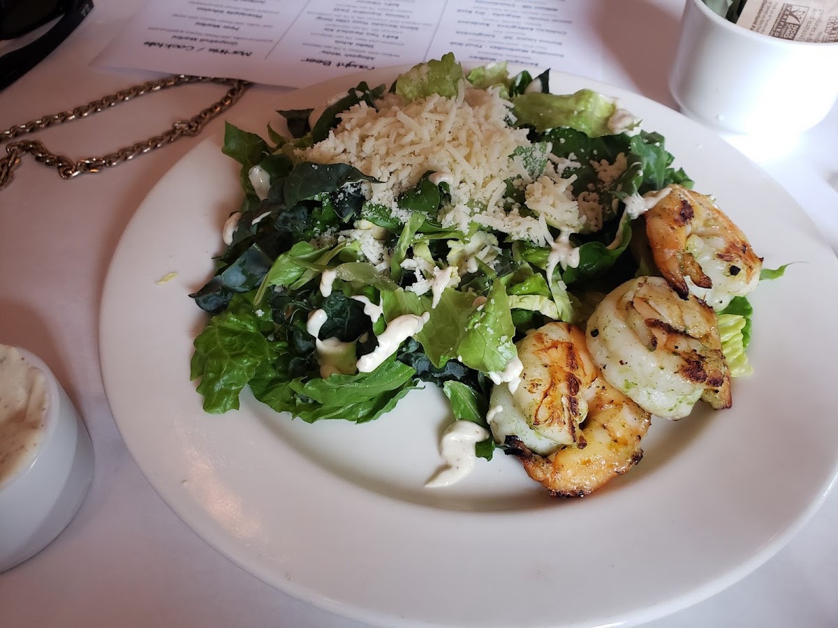 Caeser Salad with Shrimp. No croutons, homemade dressing.