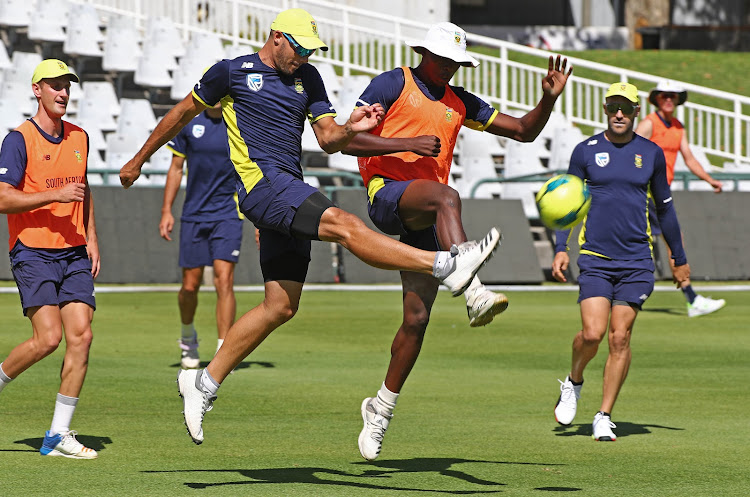 Aiden Markram (l) and Kagiso Rabada (r) during South Africa training session ahead of the 2018 Sunfoil Cricket Test Match between South Africa and Australia at Newlands Cricket Ground, Cape Town on 20 March 2018.