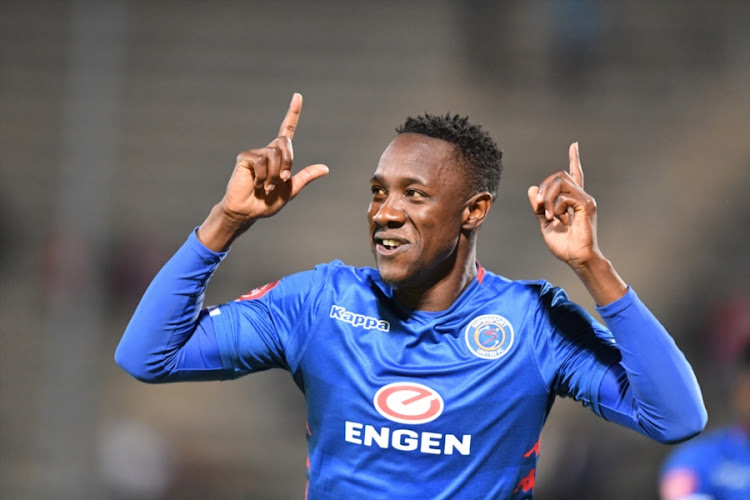 SuperSport United striker Evans Rusike celebrates after scoring a goal during an Absa Premiership match against visitors AmaZulu at Lucas Moripe Stadium on August 08, 2018 in Pretoria, South Africa. SuperSport won 1-0.