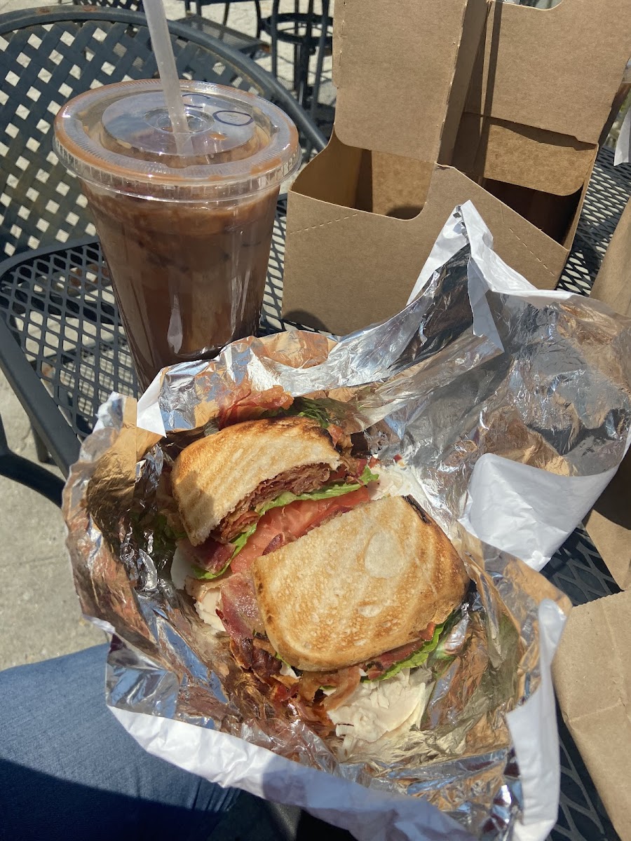 Gluten free turkey blt and a large chocolate orange iced coffee