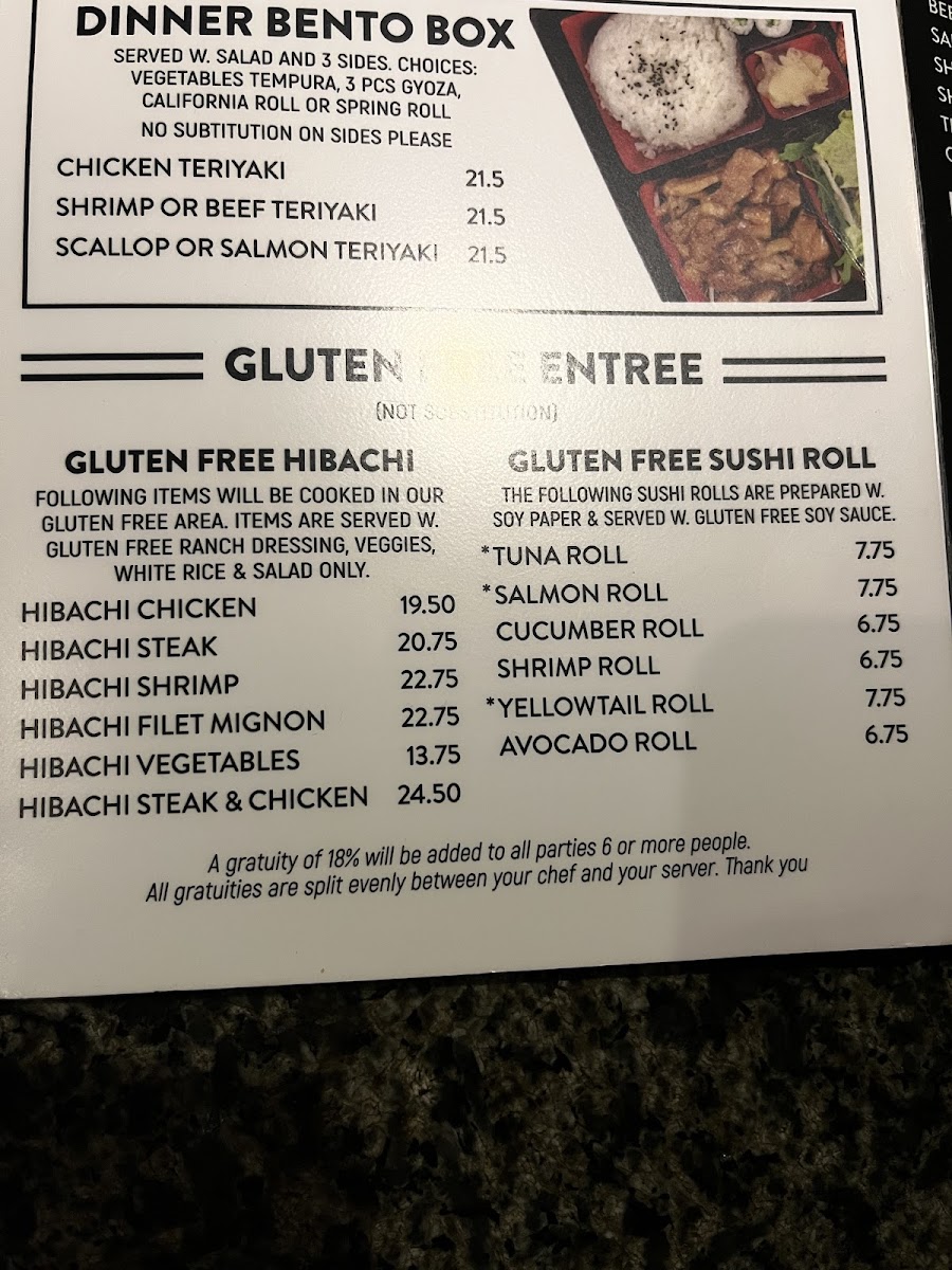 Sumo Japanese Steakhouse gluten-free menu