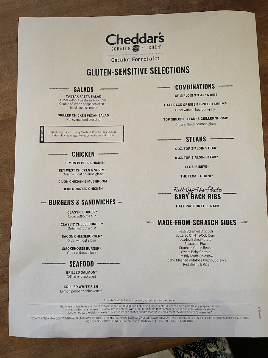 Cheddar's Scratch Kitchen gluten-free menu