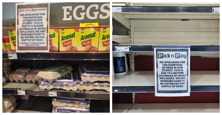Nelson Mandela Bay shoppers are scrambling to find eggs as several major retailers battle with a shortage. Pictured: the shelves in Pick n Pay Hypermarket, left, and Pick n Pay Linton Grange
