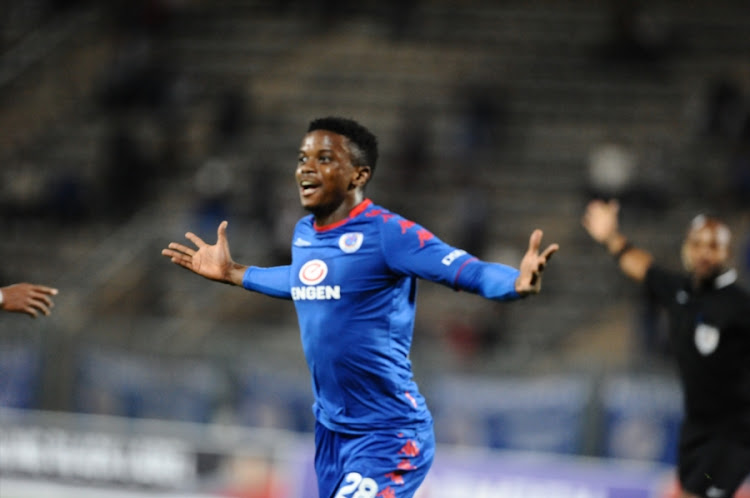 Teboho Mokoena of SuperSport United celebrates scoring a winning goal during the Absa Premiership match against Free State Stars at Lucas Moripe Stadium on April 25, 2018 in Pretoria, South Africa.