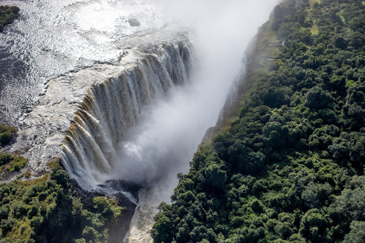 Victoria Falls seen from a helicopter.