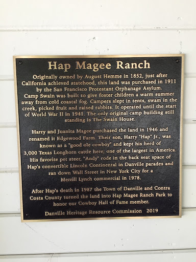 Hap Magee Ranch  Originally owned by August Hemme in 1852, just after  California achieved statehood, this land was purchased in 1911  by the San Francisco Protestant Orphanage Asylum.  Camp Swain...