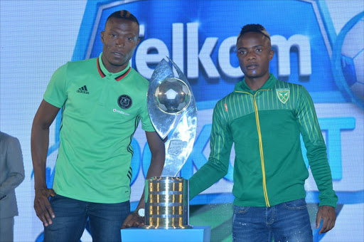 Tendai Ndoro of Pirates and Kudakwashe Mahachi of Golden Arrows during the 2016 Telkom Knockout Launch at Wanderers Clubhouse on October 06, 2016 in Johannesburg, South Africa. (Photo by Lefty Shivambu/Gallo Images)