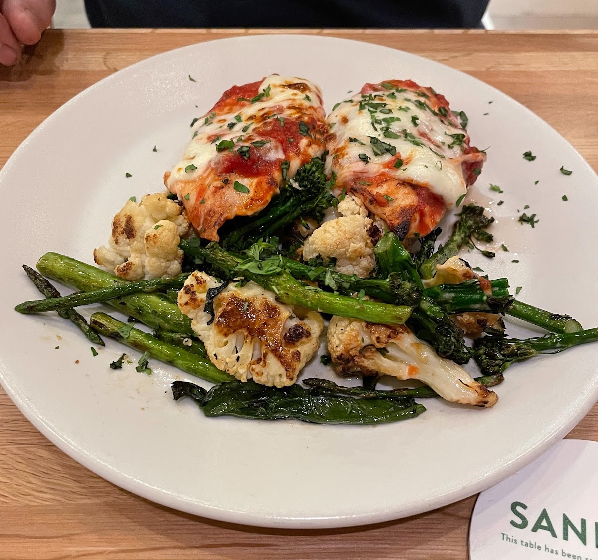 Chicken Parmesan (made GF) with roasted cauliflower, asparagus & broccoli.