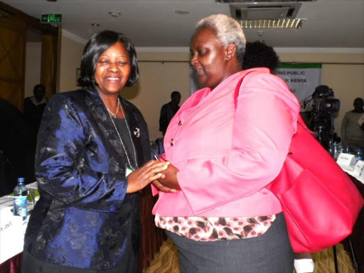 High Court Criminal Division's principal judge Jessie Lesiit with Kenya National Commission on Human Rights chairman Kagwiria Mbogori at the Intercontinental Hotel during the experts workshop on assessing public attitude on death penalty, November 17, 2016. /JOSEPH NDUNDA