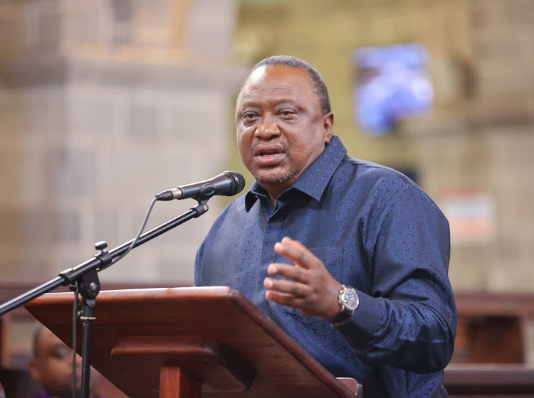 Former President Uhuru Kenyatta speaking during the memorial service of the former Ministry of ICT, Innovation, and Youth Affairs CS Joe Mucheru's mother in Nairobi on March 14, 2024.