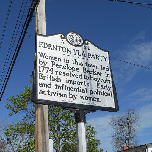 Women in this town led by Penelope Barker in 1774 resolved to boycott British imports. Early and influential activism by women.Plaque via North Carolina Highway Historical Marker Program, and is...