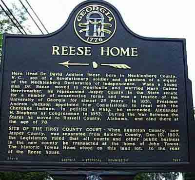 Here lived Dr. David Addison Reese, born in Mecklenberg County, N. C., son of a Revolutionary soldier and grandson of a signer of the Mecklenberg Declaration of Independence. When a young man Dr....