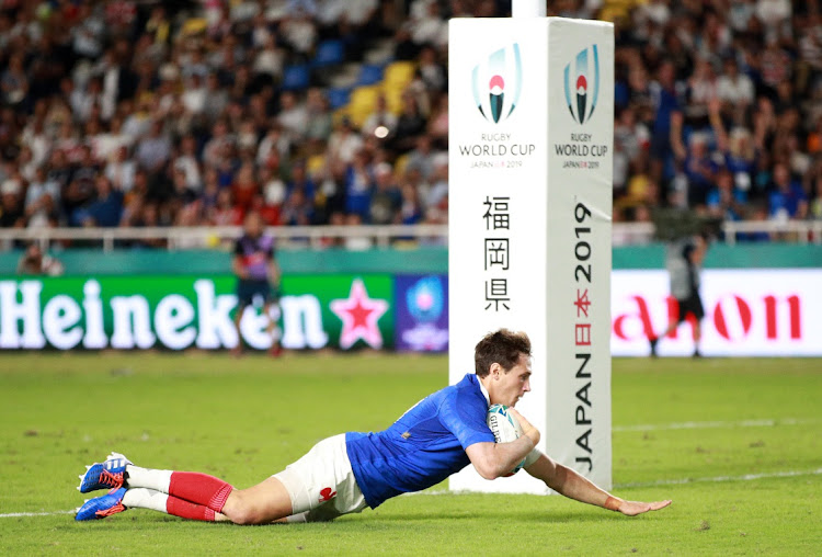 France's Baptiste Serin dives to score his fourth try during the Rugby World Cup 2019 Group C game between France and USA. Picture: Adam Pretty/Getty Images