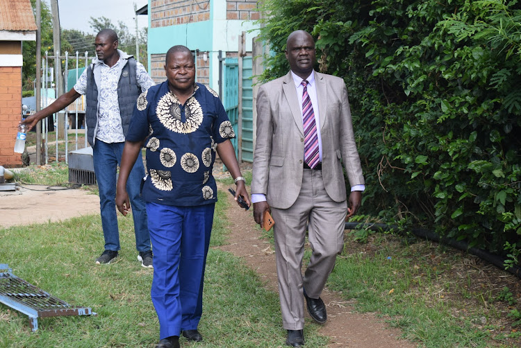 Kuppet secretary general Akelo Misori with his Homa Bay counterpart Stephen Yogo in Homa Bay town on April 6,2024