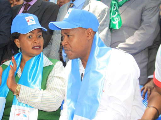 Machakos Wiper governor candidate Wavinya Ndeti with her running mate Peter Mathuki at the Wiper party offices in April. /JOSEPH NDUNDA