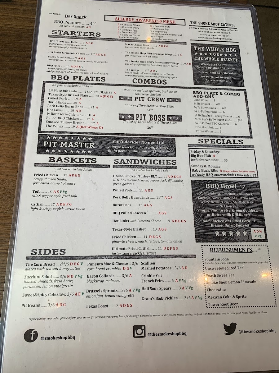 Allergy Menu. Items marked with "G" contain gluten